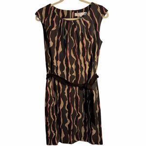 Trina Turk Abstract Print Belted Sheath Dress Size 2 Brown Tan Black Cap Sleeve
